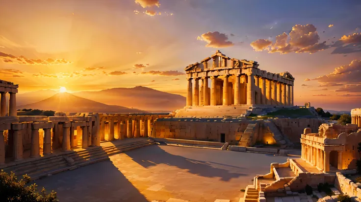 (8K, RAW photo, highest quality, masterpiece:1.2), High-definition RAW color photo, Professional photography, cinematic light, Super detailed, (photorealistic:1.37), ancient city, Sunset over the Acropolis of Athens, (golden hour lighting, beautiful detail...