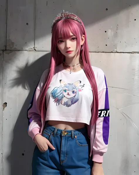 (masterpiece, best quality, 1 girl, alone, intricate details, Color difference), actual, ((medium breathing)),long hair, pink hair, red headdress, Pink highlights, hair covering one eye,purple eyes, earrings, keen vision, collar, neon shirt, open jacket, c...