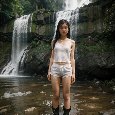 Realistic image of a 20 year old Indonesian girl wearing a transparent white singlet standing under a waterfall, brown tactical shorts, boots, holding a digital camera, waterfall background, rainy weather, water soaking the singlet, top angle, front view, ...