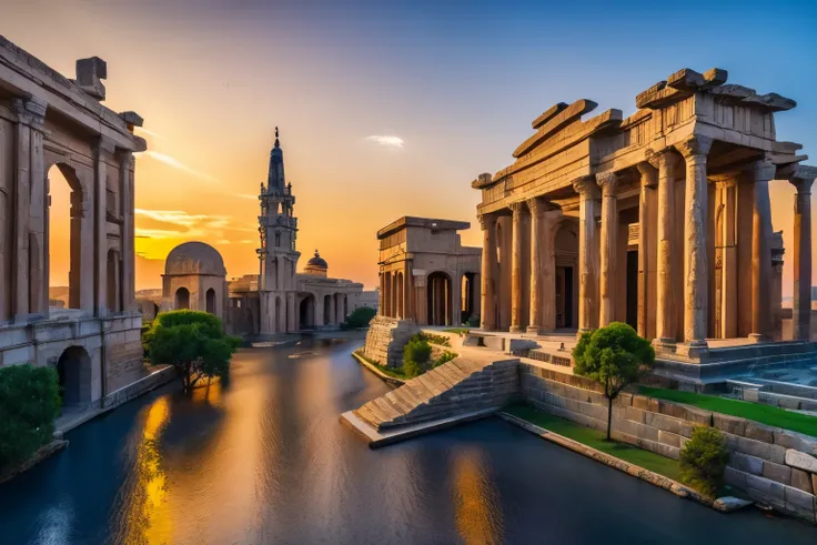 An ancient city gradually revealing its mystical allure at sunset, bathed in the golden hues of twilight (8k, RAW photo, best quality, masterpiece:1.2). Renowned for its intricate architectural wonders, every stone and crevice appears hyper-realistic and p...