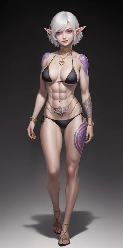 ((1girl)) full body, standing, grey skin, drow, elf, mature, detailed happy face, purple eyes, white hair, black bikini, abs, big knockers, golden chain collar, stomach tattoo (red tattoo)