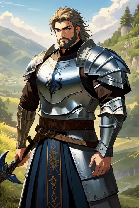 Ultra-realistic masterpiece, brilliantly depicting a noble medieval hero warrior. His chiseled features, adorned with a thick, well-groomed beard and piercing blue eyes, radiate determination and strength. His muscular build, armored with intricate plate m...