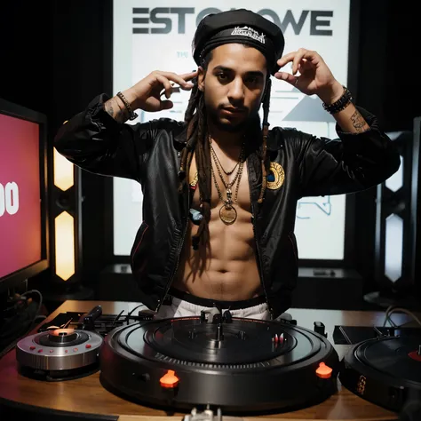 Arab DJ with dreadlocks and playing on an 80s style turntable and wearing a hip hop cap and jacket.