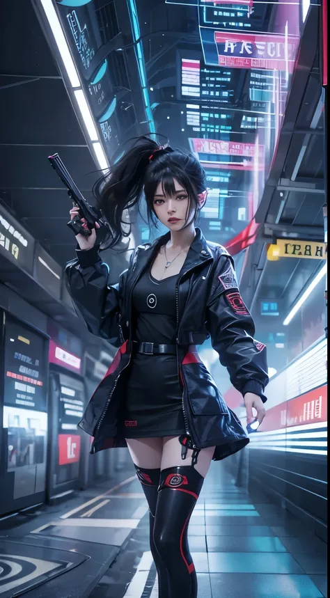 Cyber atmosphere,Near the future,woman, black hair,ponytail, Have a pistol, Motion blur background, 