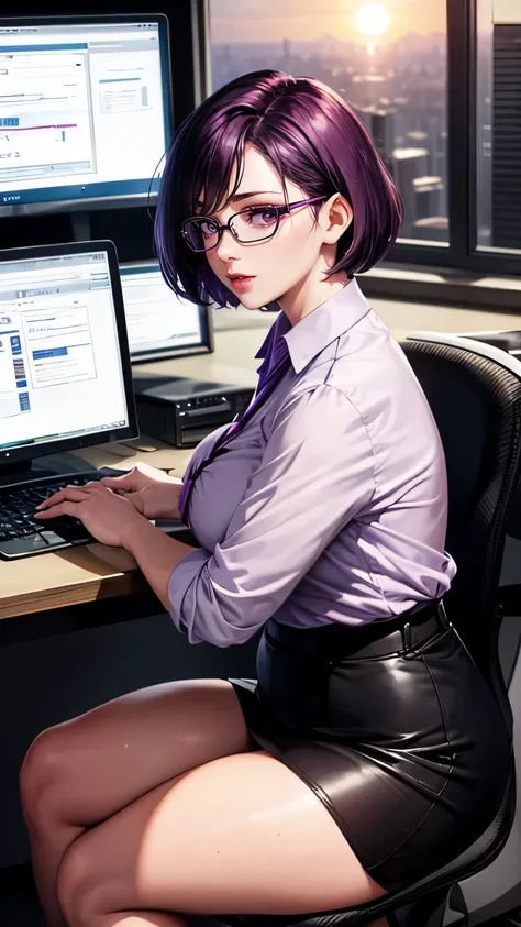 purple short hair　Glasses　Purple blouse　black tight skirt　stockings　(lanyard id card)　50 years old　red rouge plump lips　round face　Plump　back view　(eyecontact)　Sitting at a computer desk in an office in a high-rise building, I turn around.　sunset　A talente...