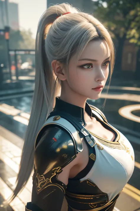 Game art，The best picture quality，Highest resolution，8K，(A bust photograph)，(Portrait)，(Head close-up:1.5)，(Rule of thirds)，Unreal Engine 5 rendering works， (The Girl of the Future)，(Female Warrior)， 22岁少女，(Female hackers)，(White，Ancient Oriental hairstyle...