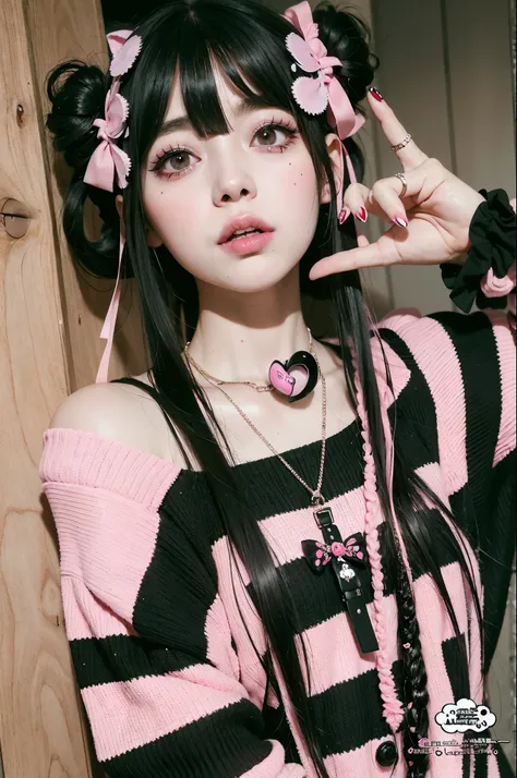 araffe girl with black hair and pink and black striped sweater, belle delphine, cruel korean goth girl, 1 7 - year - old anime goth girl, goth girl aesthetic, anime girl cosplay, with black pigtails, creepy kawaii, dollpunk, pale goth beauty, cute kawaii g...