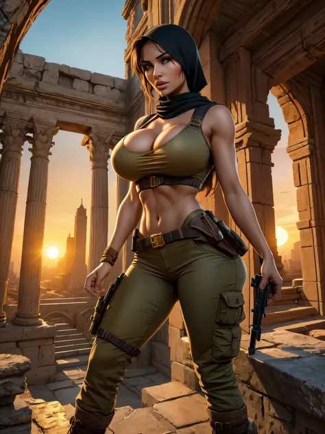 (a beautiful detailed illustration of) a sexy busty Malaysian Lara Croft wearing a hijab and a sexy explorer outfit, investigating an ancient Gold City at sunset, with a panoramic view of the city in the background. The city is adorned with intricate gold ...