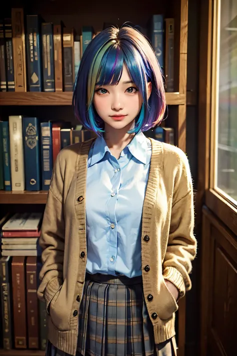 （In 8K, best quality, muste piece:1.2)、ultra high resolution,1 beautiful 18 year old woman,ultra-detailed face,symmetrical eyes、droopy eyes,detailed eyes, ((Rainbow Hair))、short hair,blunt bangs,BREAK,school uniform, (beige cardigan),navy pleated skirt,cin...