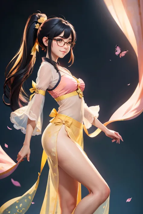 ((picture from the side, (looking at the viewer))), pretty girl, black hair in a ponytail, bangs, hair accessory, wearing glasses, bright smile, small breasts, slim waist, ((wearing hanfu(see-through) )multi-layered intricate details (pastel yellow))), dre...