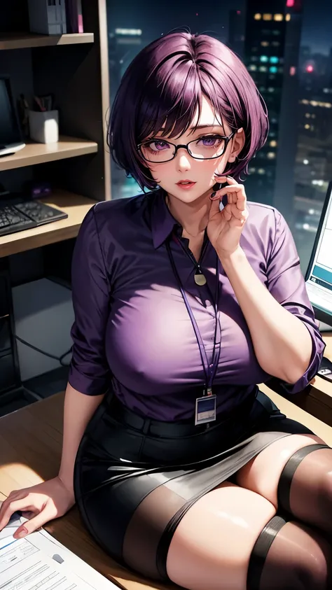 purple short hair　Glasses　Shiny purple satin blouse　black tight skirt　stockings　(lanyard id card)　50 years old　red rouge plump lips　round face　Plump　(eyecontact)　Office in a high-rise building　I sit down at my computer desk and turn around.　sunset　A talent...