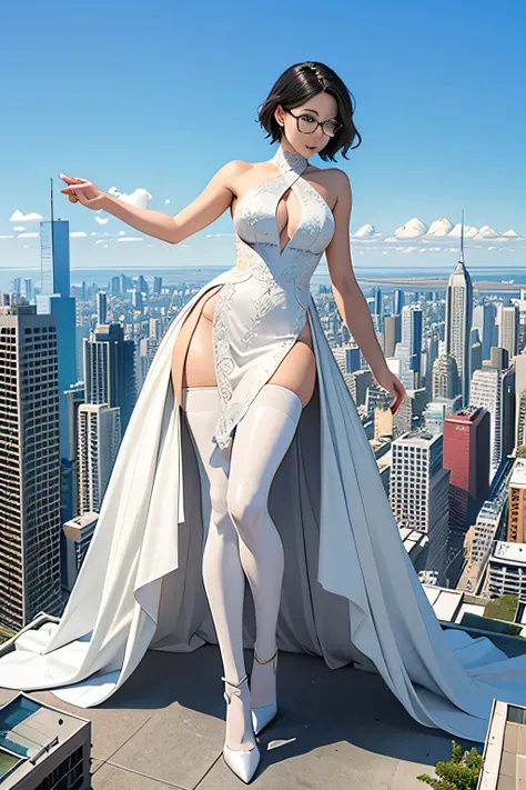 Giantの芸術, 非常に詳細なGiantショット, Giant, short hair, black pantyhose, A giant princess much bigger than a skyscraper, wearing rimless glasses, big breasts, big ass, White luxury dress, white pantyhose, white high heels, very small metropolis, miniature metropolis...