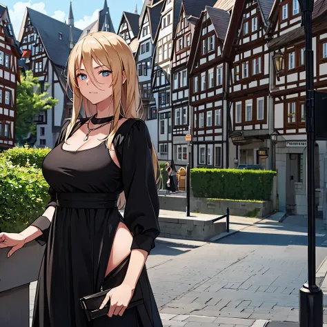 a woman with sophisticated black dress in a german city
