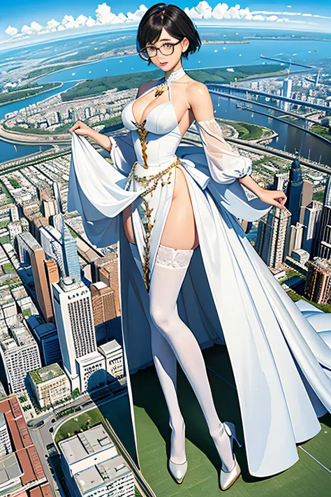 Giantの芸術, 非常に詳細なGiantショット, Giant, short hair, black pantyhose, A giant princess much bigger than a skyscraper, wearing rimless glasses, big breasts, big ass, White luxury dress, white pantyhose, white high heels, very small metropolis, miniature metropolis...