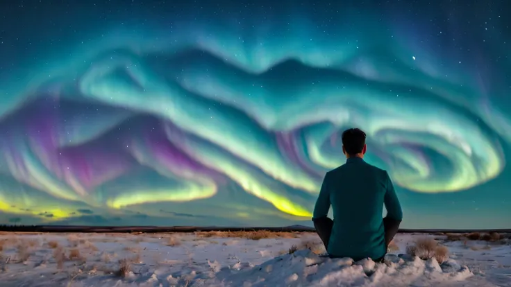 a man sitting with his back to meditate, imaginary characters, cosmic skies, five-colored brilliant aurora, bright atmosphere