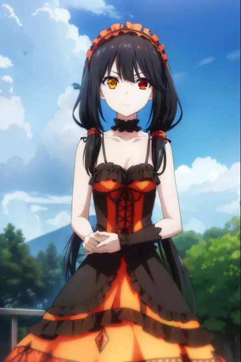 kurumitokisaki, kurumi tokisaki astral dress, (tokisaki kurumi:1.2), long hair, black hair, (red eyes:1.3), (twintails:1.5), (yellow eyes:1.3), hairband, (heterochromia:1.5), dress, (red dress:1.5), bare shoulders, collarbone, choker, bowtie, red bowtie, d...