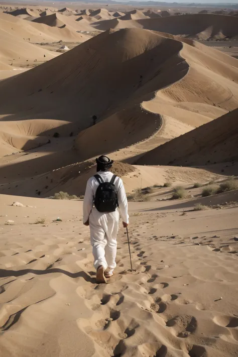 A alone arab man walking on desert 