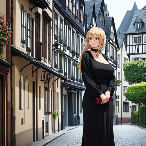 a woman with sophisticated black dress in a german city
