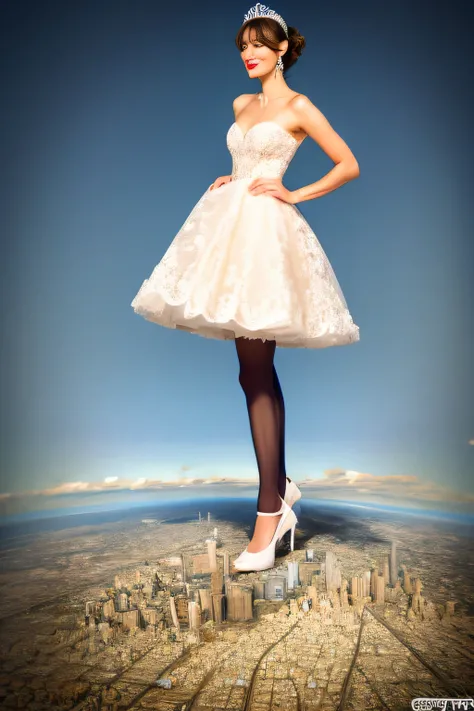 Giantの芸術, 非常に詳細なGiantショット, Giant, short hair, black pantyhose, A giant princess much bigger than a skyscraper, wearing rimless glasses, big breasts, big ass, White luxury dress, white pantyhose, white high heels, very small metropolis, miniature metropolis...