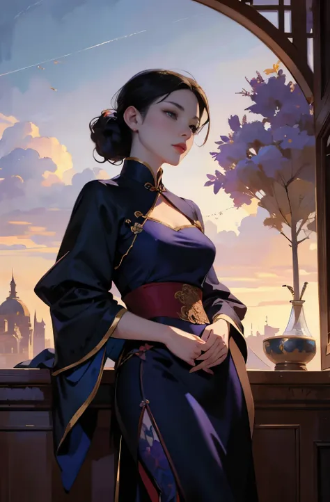 A painting of a beautiful young woman standing quietly, beautiful night view, flower of society, She is wearing an elegant purple cheongsam, Inspired by Chen Yifei, Inspired by Francesco Hayez, Inspired by Hendrik Terbruggen, Jean＝Works that influenced Aug...