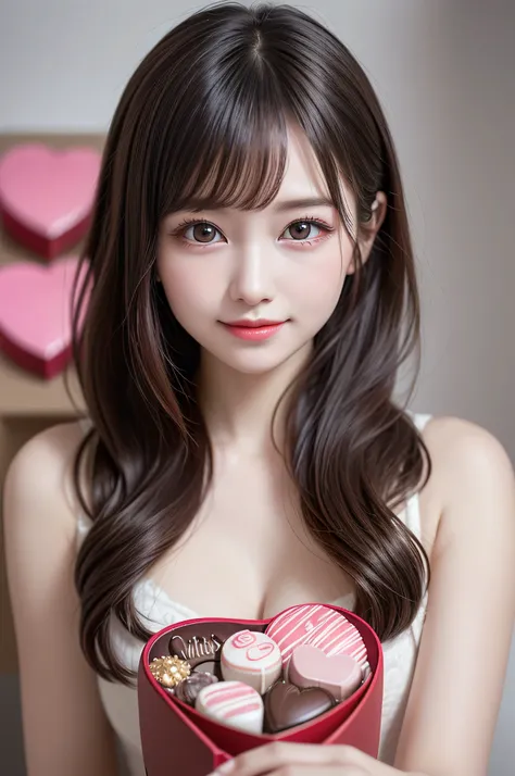 1 girl, (big round eyes:1.15), (Highly detailed beautiful face), smile shyly, (highest quality:1.4), 8k wallpaper that integrates high-definition CG, RAW photo, professional photos, cinematic lighting, flower hair ornament, ribbon, (valentine&#39;s day, va...