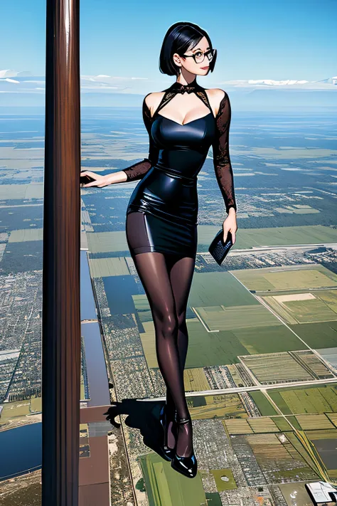 giantの芸術, 非常に詳細なgiantショット, giant, short hair, black pantyhose, a giant princess much bigger than a skyscraper, wearing rimless g...