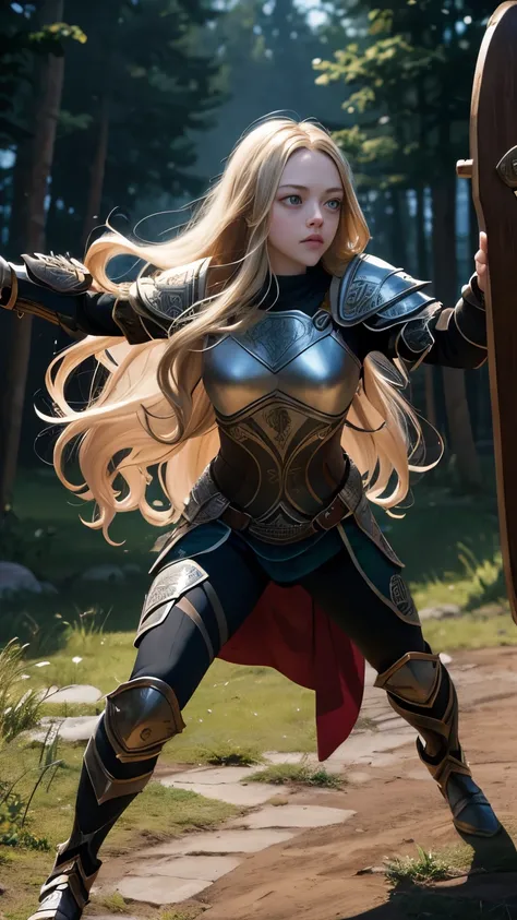 amanda seyfried, long hair, wavy hair, athletic body, celtic armor, many shadows, full body, Battle Royale background.