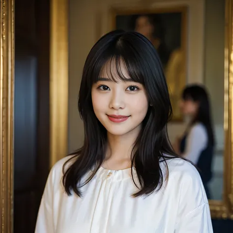 The background is a painting by Renoir、The background is a beautiful painting、beautiful girl、detailed face、anatomically accurate body、Standing in a white blouse、smile、