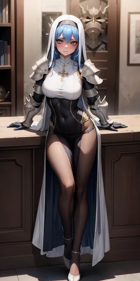 lewd nun,Wearing an iron mask and armor,(cabellos largos dorados),Wearing an iron mask and armor,Metal heels,Long face,Long face,Long face shape