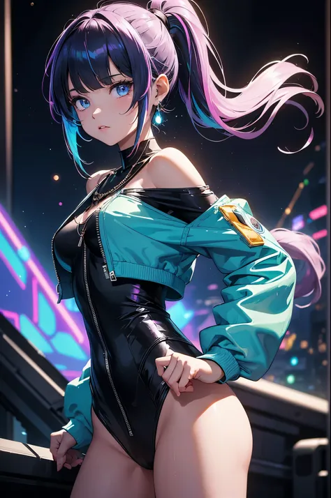 (masterpiece,  best quality:1.4),  top quality,  insaneres,  digital illustration,  (faux Traditional Media),  Manga,  tomboy,  jacket,  off shoulder,  chain,  earrings,  (dynamic pose),  [anime visual],  centered,  (8k resolution),  1girl,  glow lines,  r...