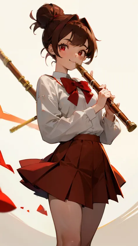 
One woman, smiling cheerfully, red eyes, brown hair tied up in a high bun. Facing the camera, dressed in a school uniform, wearing a white long-sleeved shirt. Put the shirt outside the skirt. The outer shirt is red with a red bow on the chest. red short s...