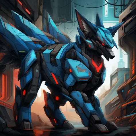 solo, fox, male, blue mech, feral, quadrupedal, fox mech, nine tails, red eyes, cyberpunk theme, uploaded on e621,