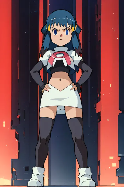 masterpiece, best quality, highres, 1girl, solo, dawn (pokemon),masterpiece, best quality, highres,team rocket uniform, red letter r, white skirt, white crop top, black thigh-high boots, black elbow gloves, glaring angrily, looking down at viewer, hands on...