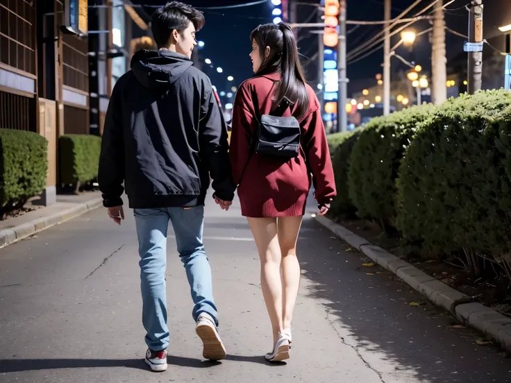 8K high quality detailed art,　highest quality　men and women　Christmas illumination　night view　dazzling lights　street　highest quality　colorful　(couple walking hand in hand)　full body portrait　Beautiful men and women　((Japanese))　date　profile 　masterpiece, S...