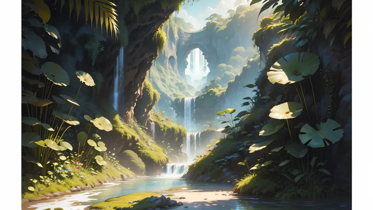 There is a waterfall in the middle of a tropical jungle, bela fantasia detalhada, fantasia altamente detalhada, fantasy scenic, arte digital de fantasia detalhada, Arte digital de fantasia 2D, arte digital detalhada de fantasia 2D, impressive paisagem de f...