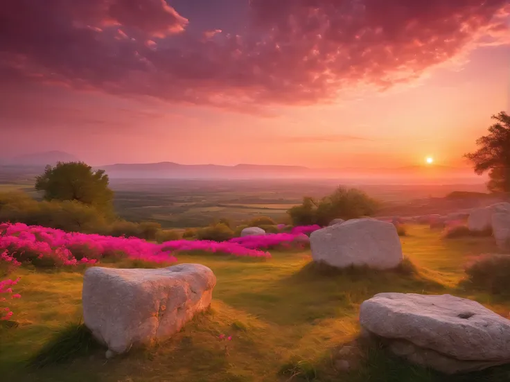 Landscape of an ancient megalithic city at sunset, pink horizon with setting sun, ancient megalithic city made of stone blocks, spoiled by time, Silence and desolation, feeling of antiquity and power, sunset flowers