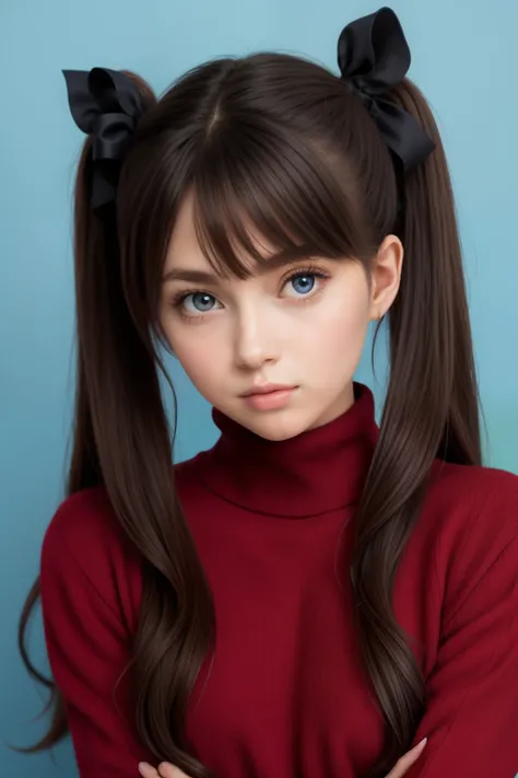 1girl, tohsaka rin, solo, long hair, sweater, red sweater, looking at viewer, blue background, black hair, simple background, two side up, turtleneck, blue eyes, lips, closed mouth, ribbon, hair ribbon, bangs, turtleneck sweater, parted bangs, black ribbon...