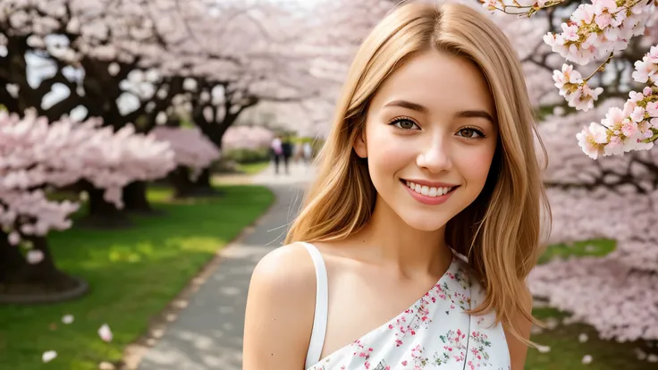 Instagram pictures, 1French Girl, Shoulder length hair, with light blonde hair, Close-up photo, Walking in a public garden with cherry blossom, Japan, smiling a little,