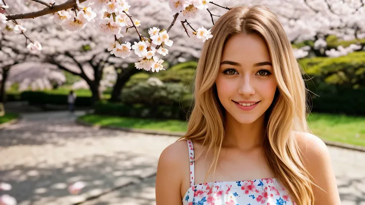 Instagram pictures,  a French Girl, Shoulder length hair, with light blonde hair, Close-up photo, Walking in a public garden with cherry blossom, Japan, smiling a little,