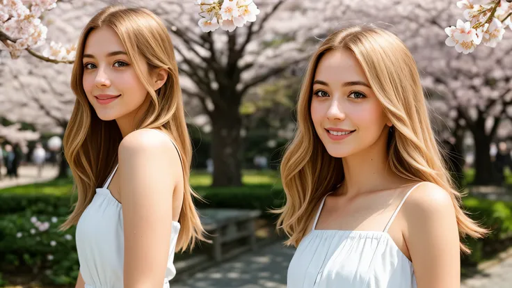 Instagram pictures, a French Girl, Shoulder length hair, with light blonde hair, Close-up photo, Walking in a public garden with cherry blossom, Japan, smiling a little,