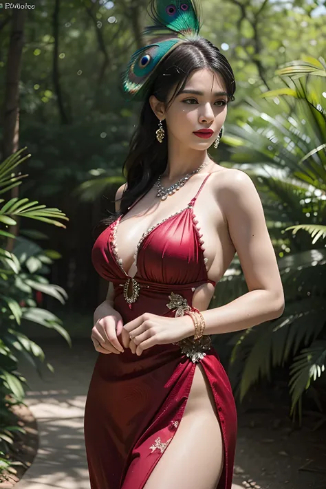 1 girl,Shandy,skirt,(Dress by (Peacock feathers)),outdoor,  (permanent,sexy model pose:1.2),jewelry,grace,(((red lips))), Lips slightly open,  clavicle,Lactation,(huge breasts),((8k, original photo, top quality, masterpiece), HD RAW color photos profession...