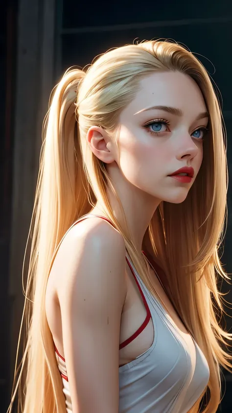 Amanda seyfried face, mystical film version, athletic body, red lips, blonde hair, straight hair, long hair, slicked back, side shot.