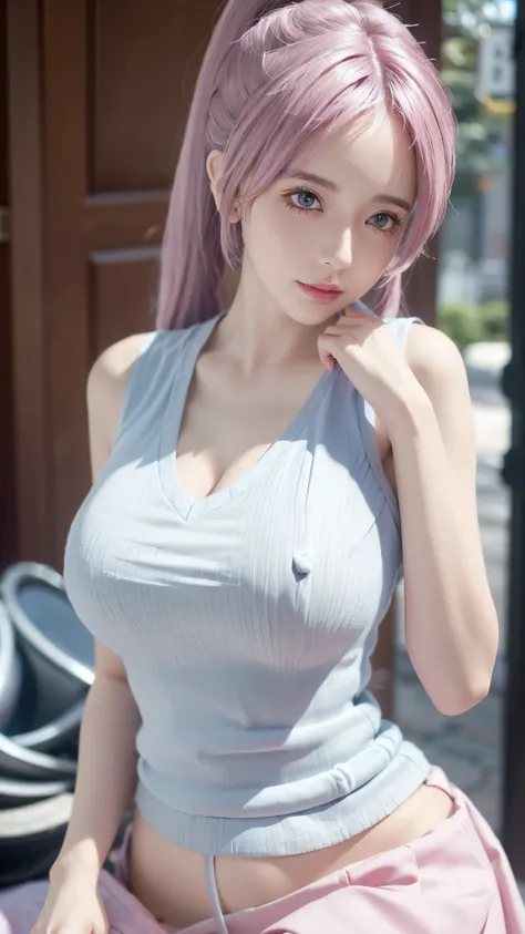 Close-up of a woman wearing a pink vest and skirt, pale milky porcelain skin, fair skin, skin smooth and translucent, anime manga girl, beautiful anime woman, surreal sweetness, white color hair , high ponytail colorful eyes, pale porcelain white skin, smo...