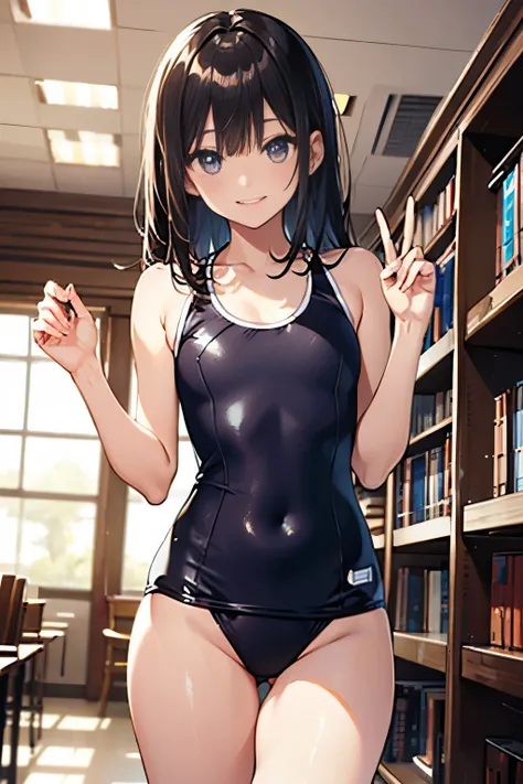 High quality、highest quality、complete limbs、Ultra high definition、Shining eyes、Full hands and fingers、slender beauty、black hair、wearing a white school swimsuit、shiny skin、shy smile、Library