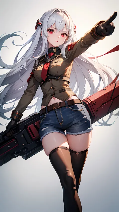 1 girl 19 year old, long white hair, red eyes, holding an handgun, cord top, short jeans, anime style, assaust uniform, battle girl, black thigh highs, upper body, best quality, 8k resolution, pointing at viewer, looking at viewer, brown background