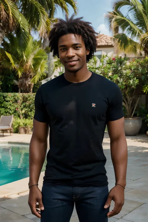 ((perfect photograph)), ((realistic)), ((8k)), (perfect face), gorgeous black man with dark afro hair, wearing a straight long red t-shirt and dark jeans, standing towards the camera, sunny day by a pool, torso facing camera, outdoors, lots of light, smili...