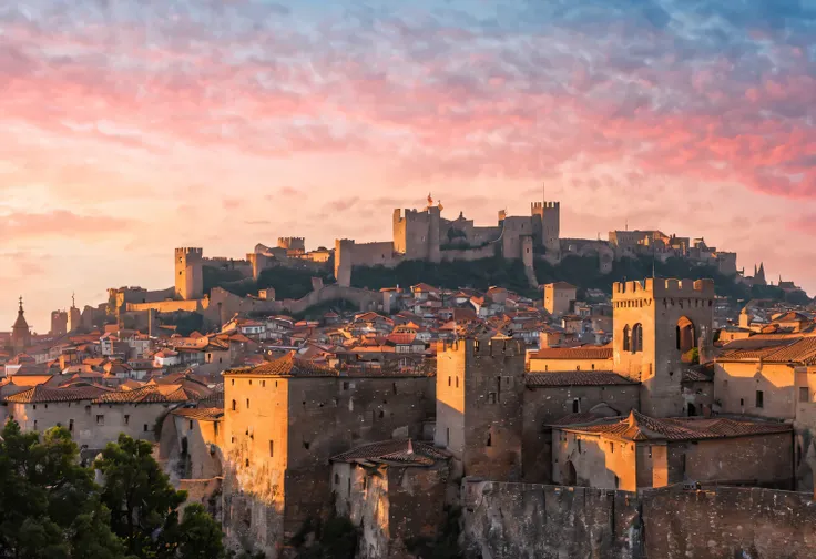 древний город на sunsetе, high stone walls, tall stone towers with weather vanes protrude from behind the walls, the roofs of hi...