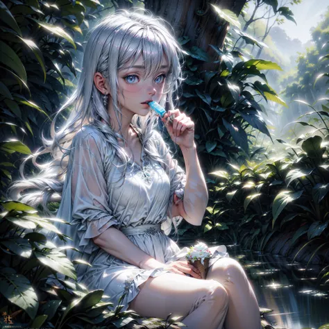 Stable Diffusion Tip: Girl in white dress with silver hair eating ice cream in the middle of the forest, illustration, high detail, High quality, Realistic, soft sunlight, bright colors, fairy, [HDR], [bright colors]