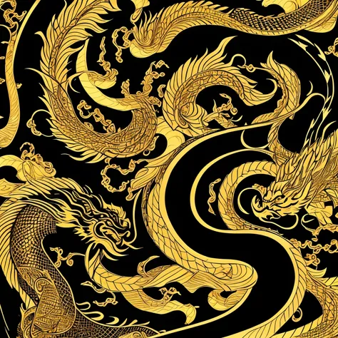 the background is black、black japanese style sophisticated luxury spiritual black dragon with golden eyes