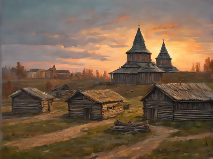 ancient russian log city, slavic culture, old slavonic architecture, ancient city at sunset, old ancient slavic city at sunset, ...